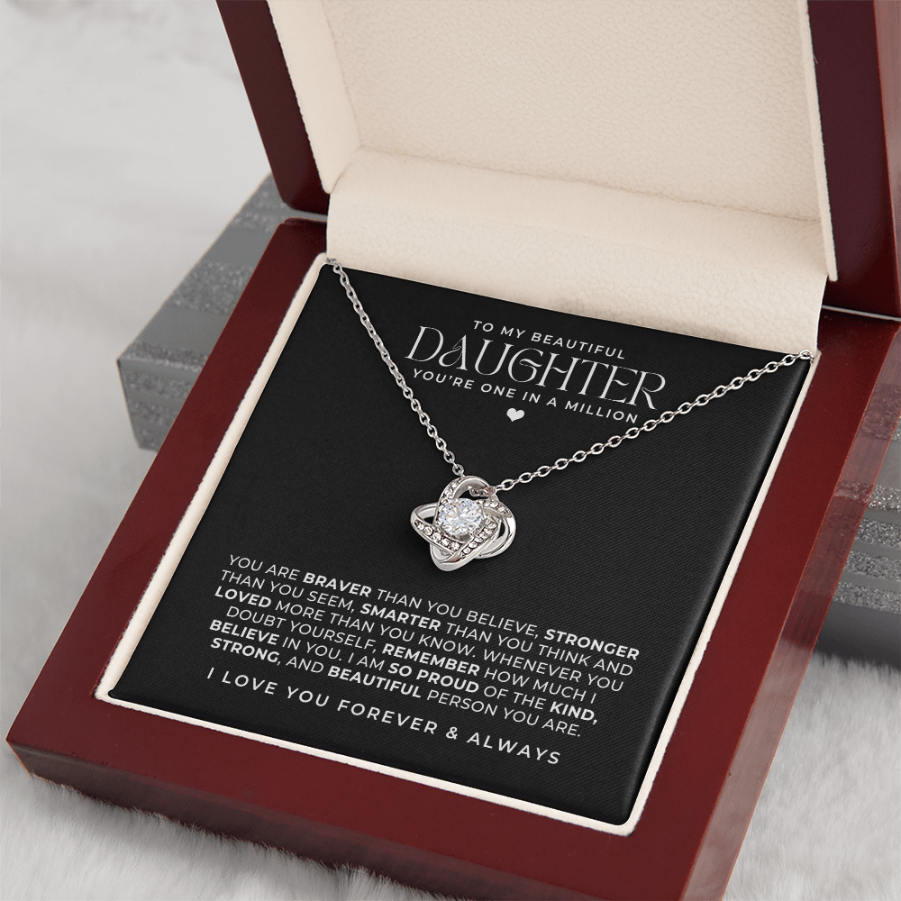 Love knot necklace gift for daughter, white gold message card jewelry gift for her.