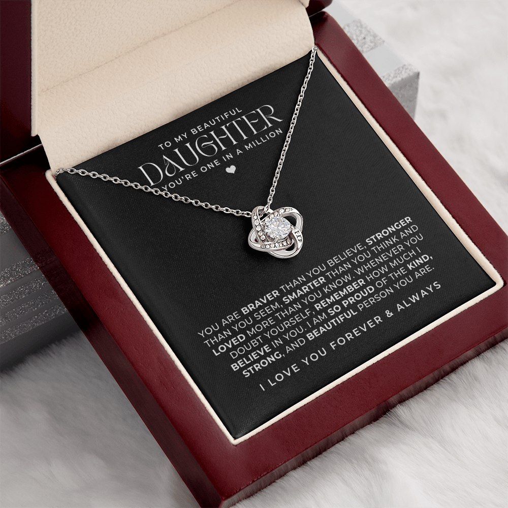 Silver love knot necklace for her, with a loving message that says to my beautiful daughter, comes in a luxury gift box ready to give.