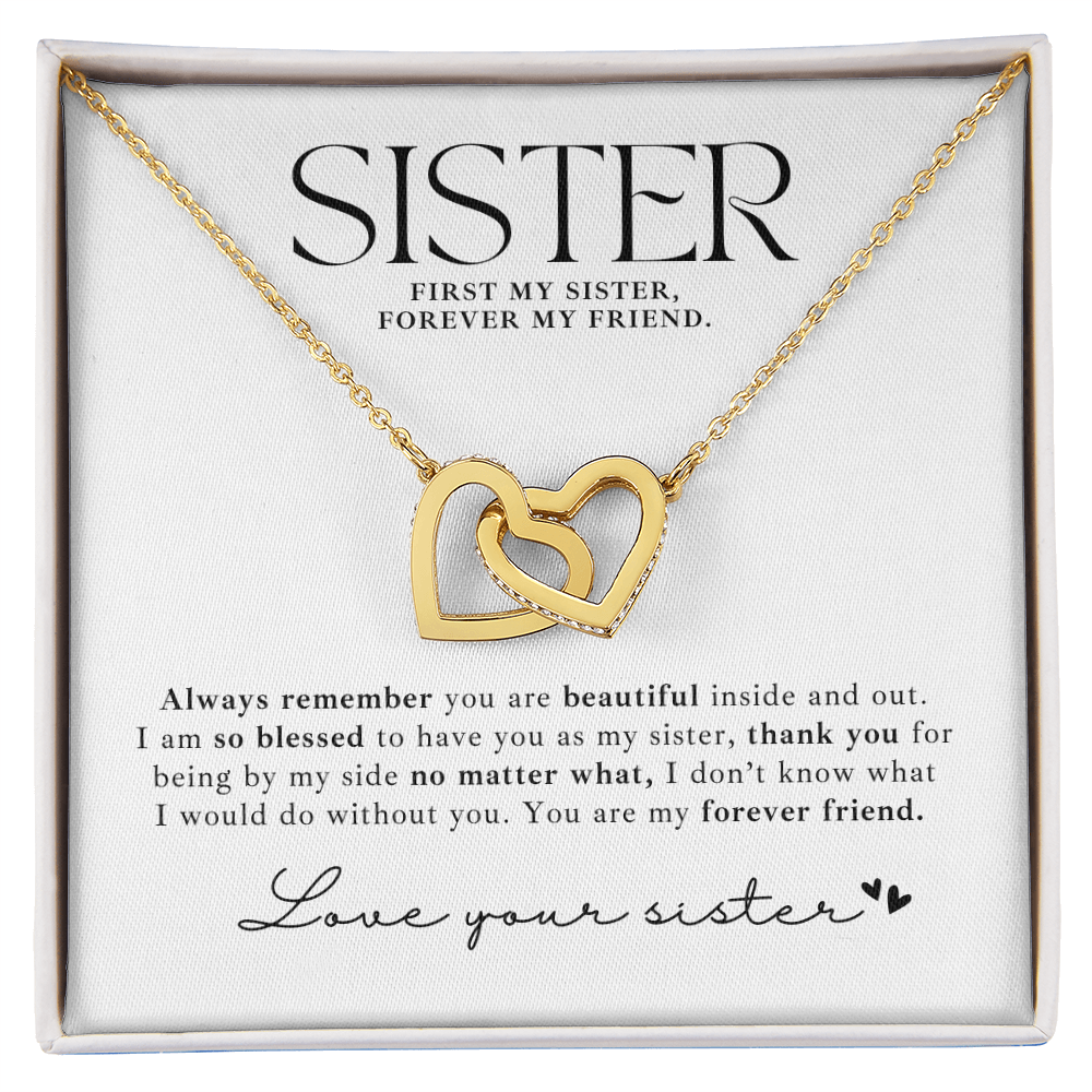 gold interlocking hearts necklace with message card for your sister, perfect sister gift for her birthday