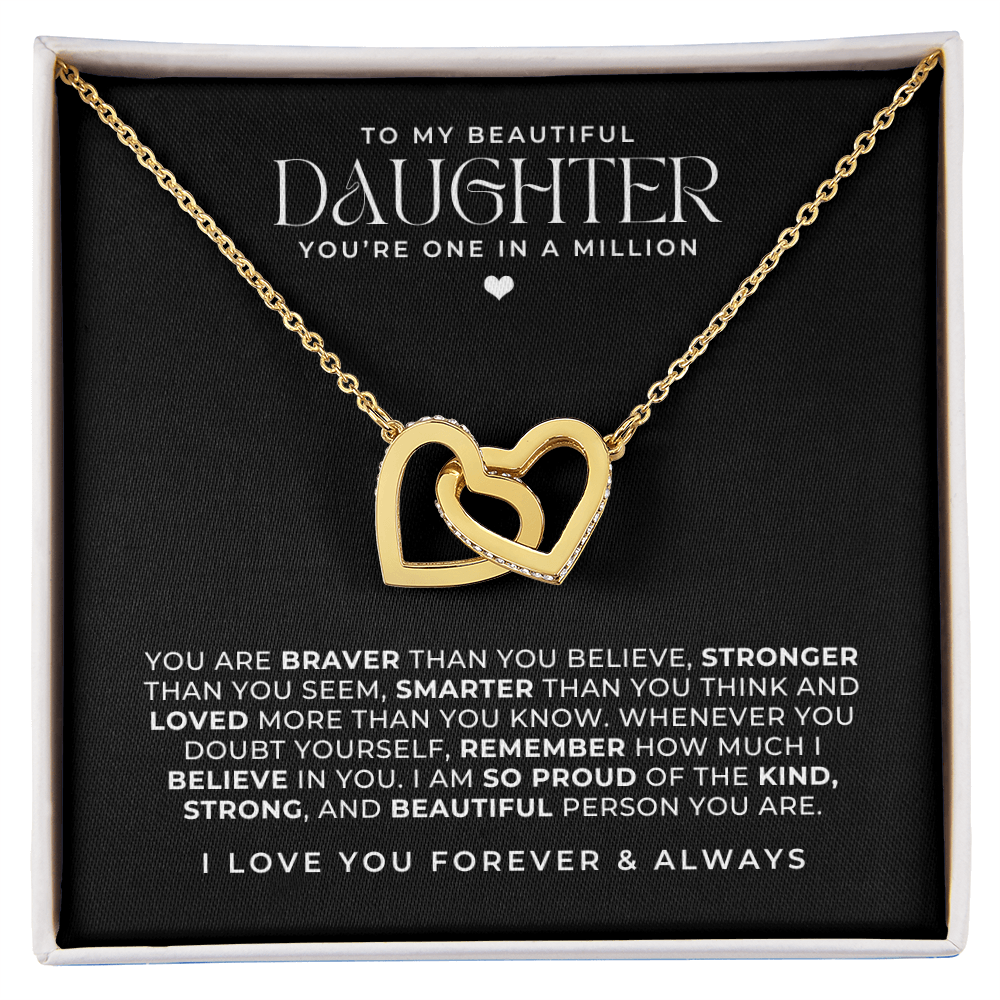 beautiful gold interlocking hearts necklace with a message card that says to my daughter and a loving note.