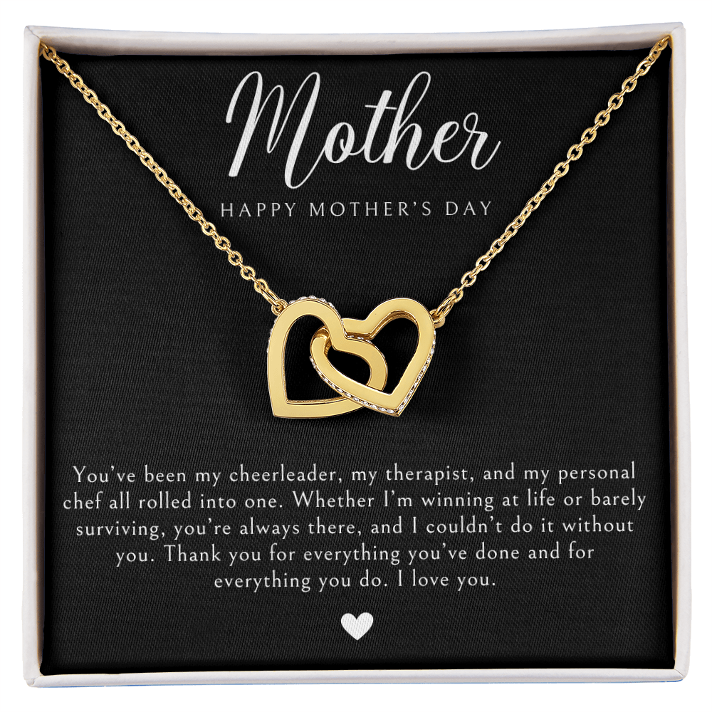 necklace gift for mother's day. Gold hearts pendant with message card.