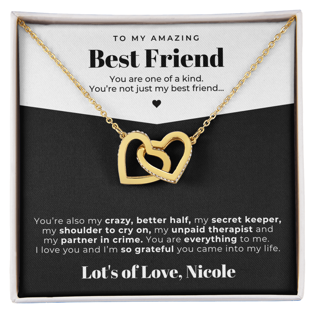 gold interlocking hearts friendship necklace for best friend with cute message card.