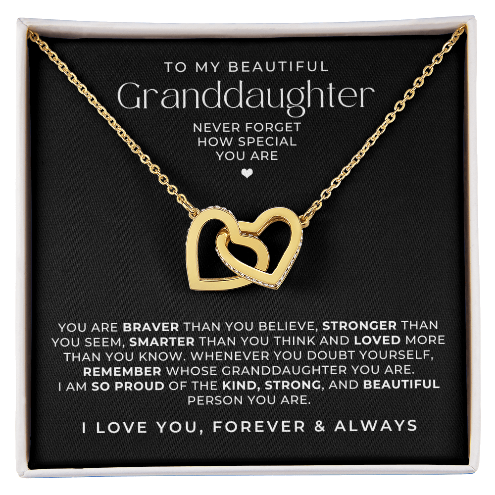 Gold interlocking hearts necklace for granddaughter with message card.