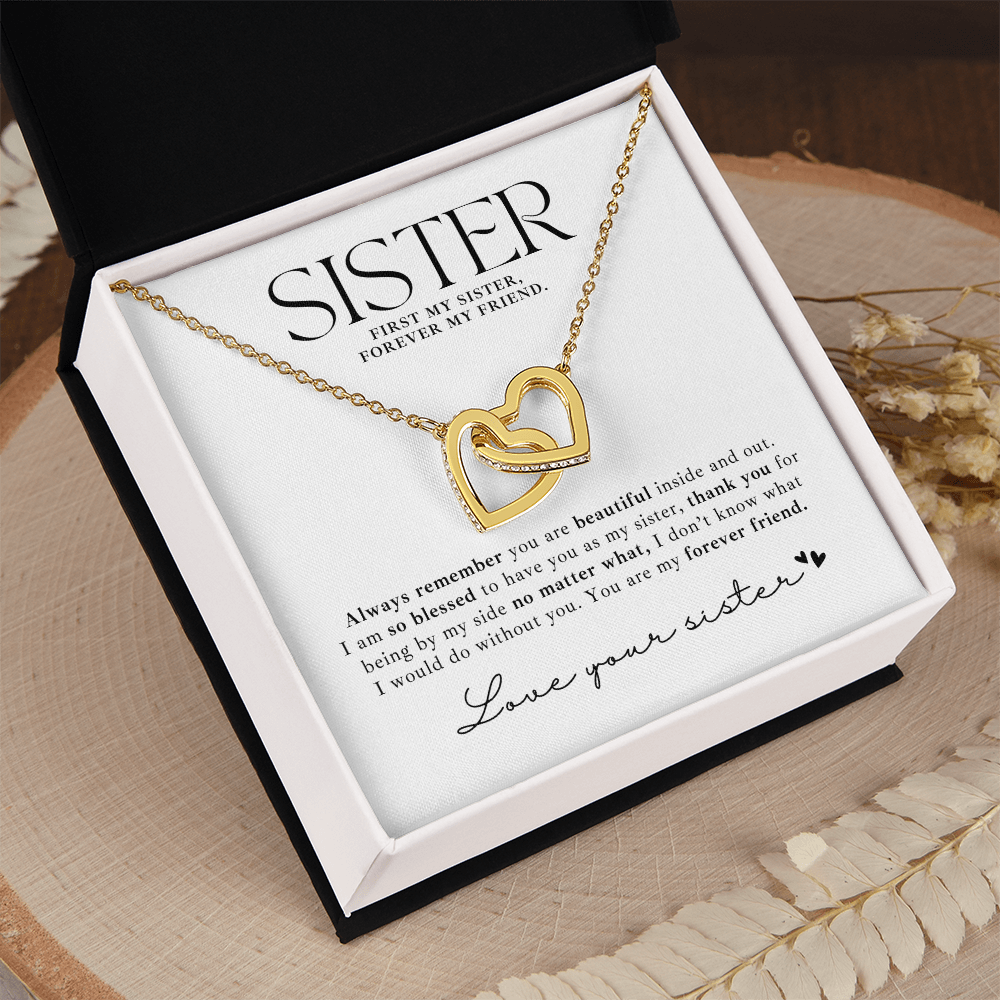 gold interlocking hearts necklace with message card for your sister, perfect as meaningful, thoughtful gift for your sisters birthday