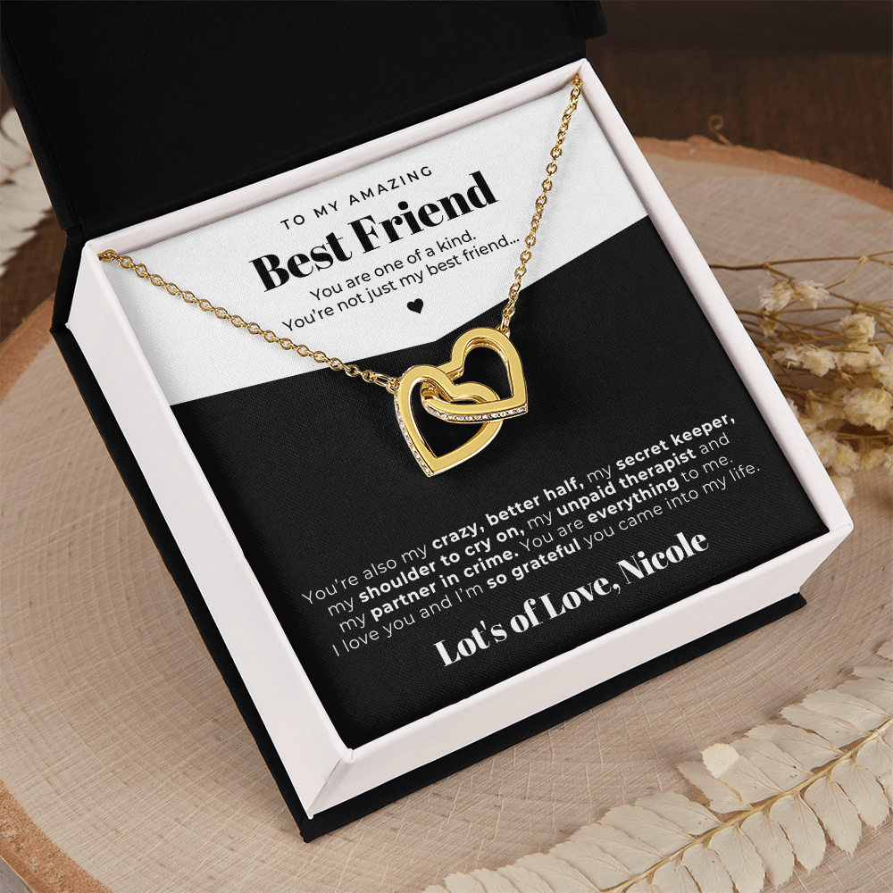 Bff necklace gift for  birthday or to say thank you, with a message card inside the box.