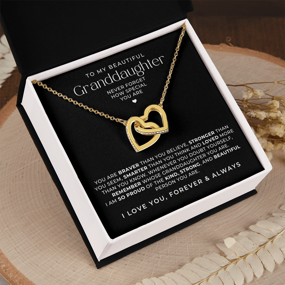 Interlocking hearts necklace gift to my granddaughter with message card and gift box. 