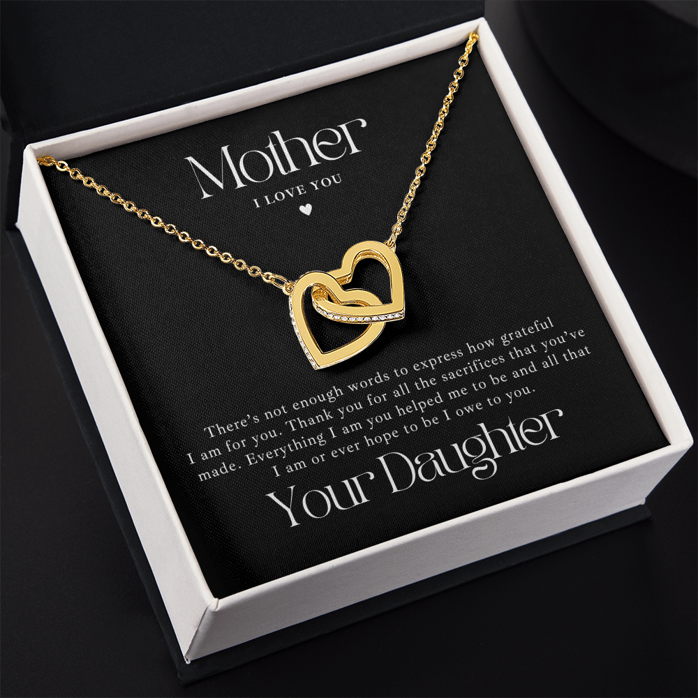 gold interlocking hearts necklace - mother daughter jewelry gift with sweet message inside gift box.