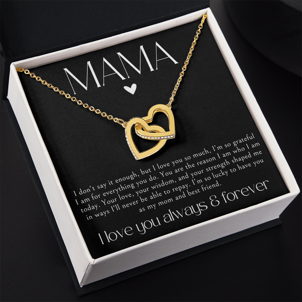 gold mama necklace in gift box with message card