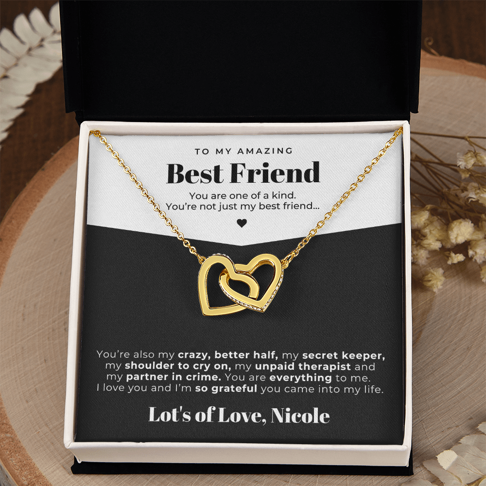 gold friendship necklace for her, with message card inside the gift box.