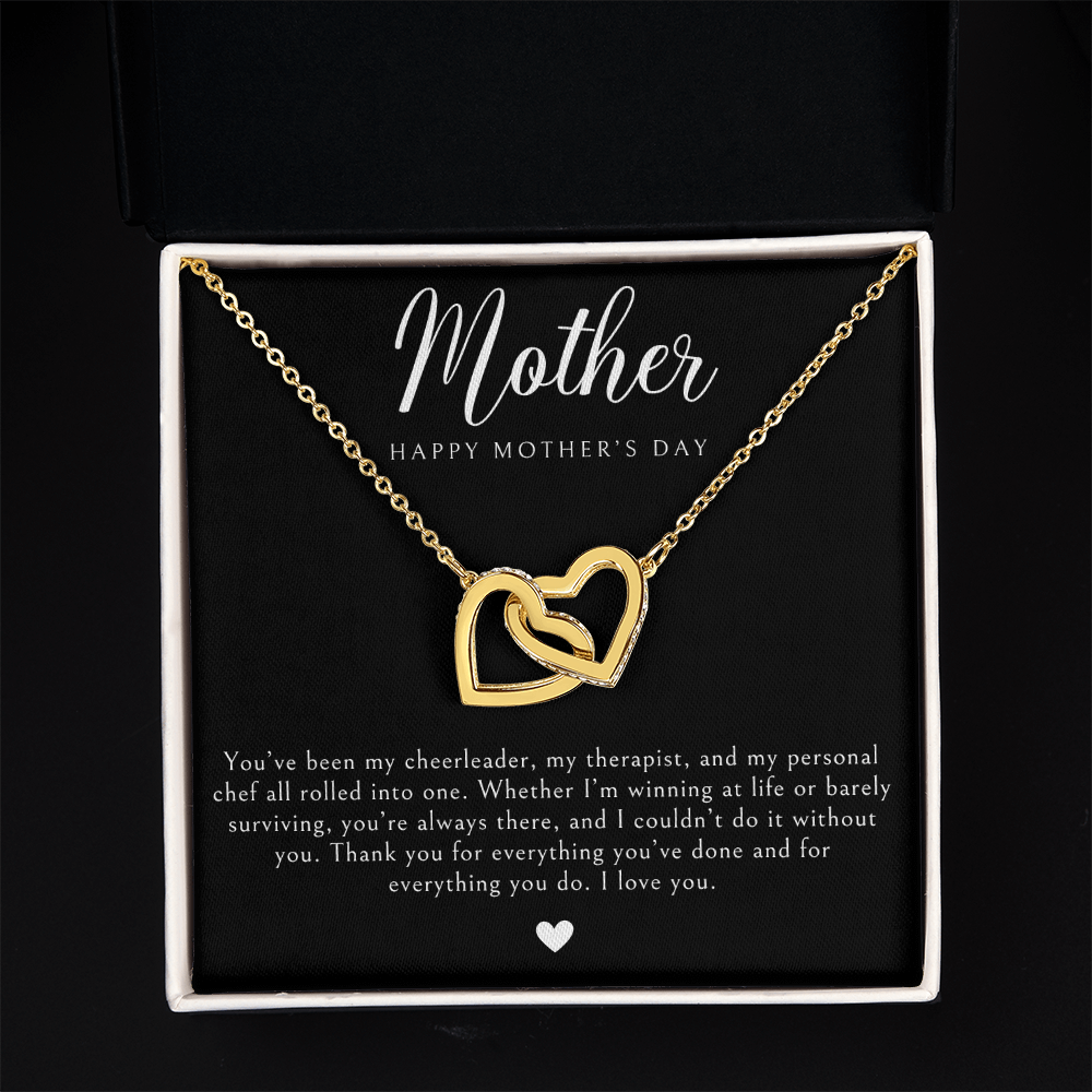 Gold interlocking hearts necklace for mother's day. Message card jewelry in a gift box.