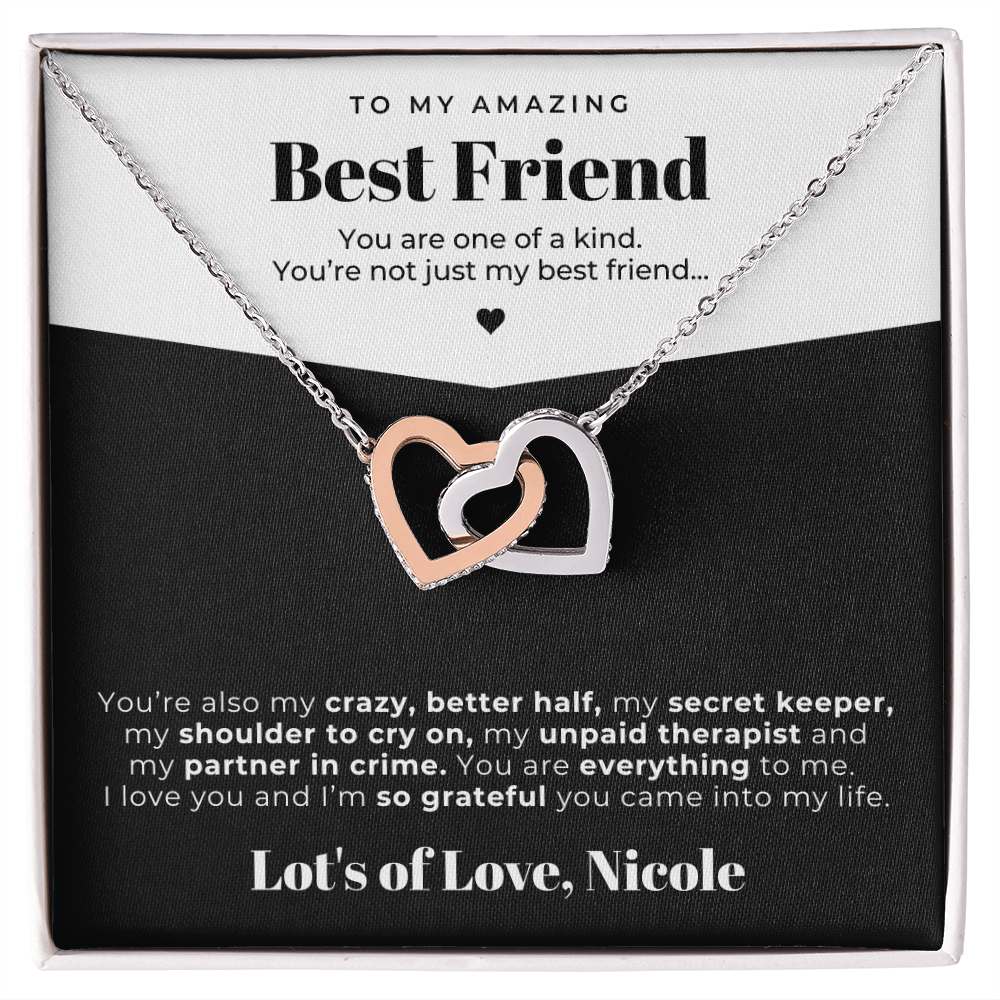 silver and rose gold interlocking hearts friendship necklace gift.