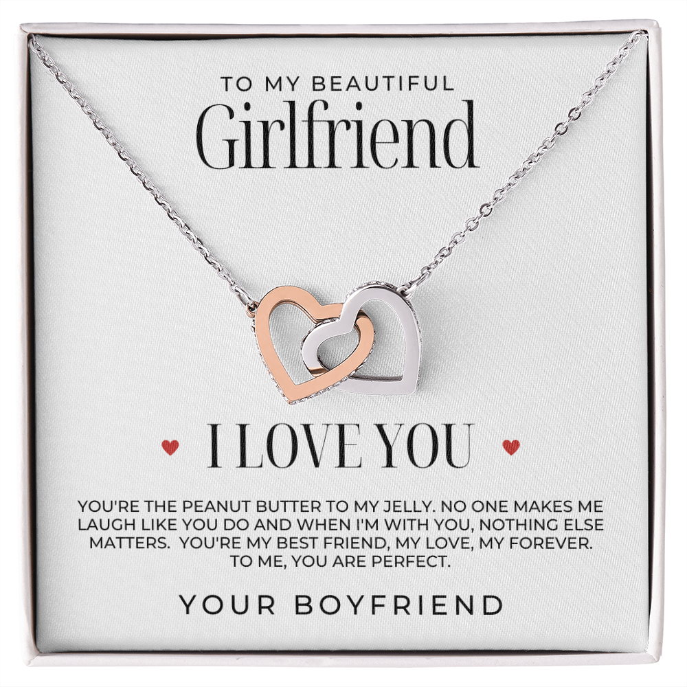 silver and rose gold Interlocking Hearts Necklace for Girlfriend with Message Card that says i love you. 