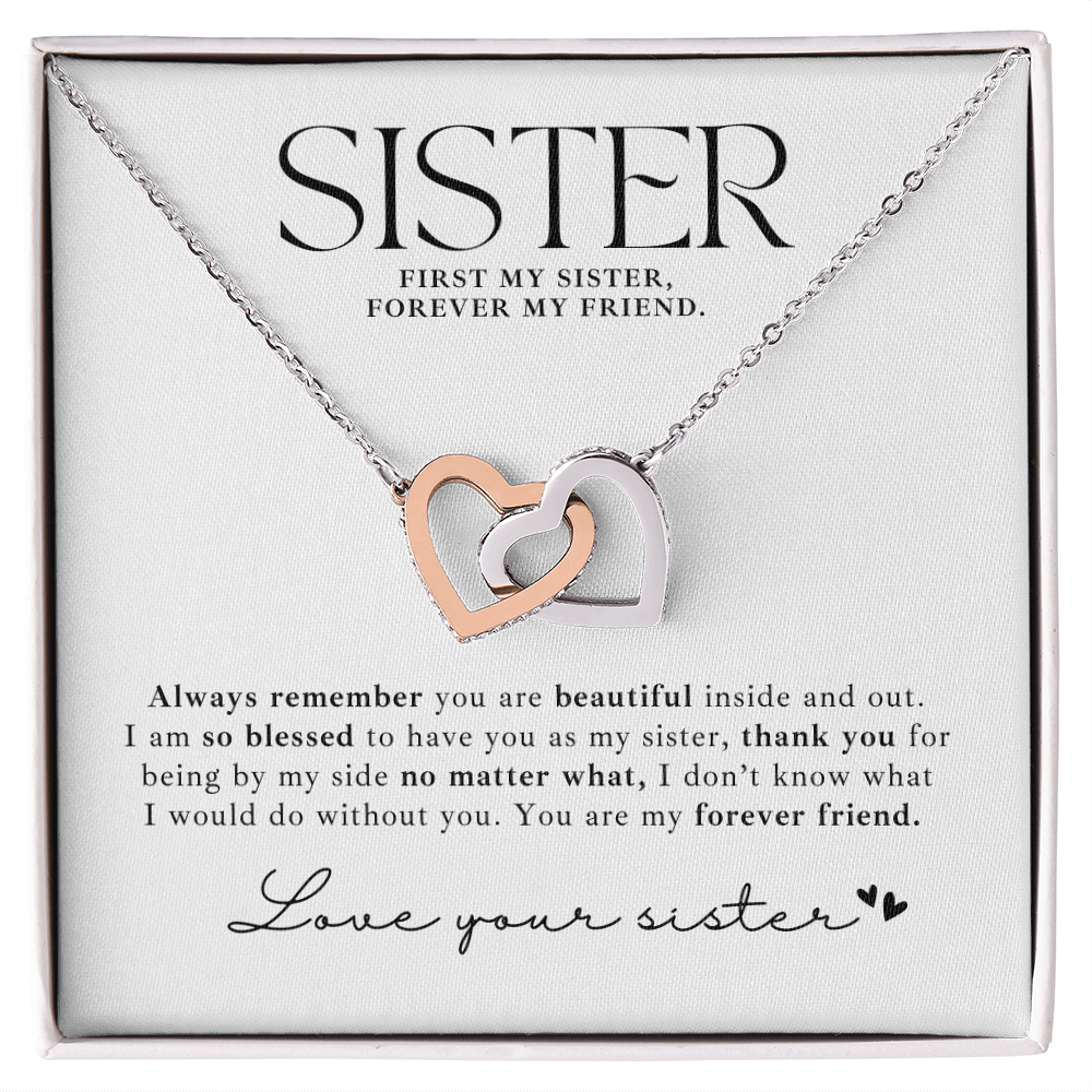 silver interlocking hearts necklace with message card for your sister, perfect as meaningful, thoughtful gift for your sisters birthday