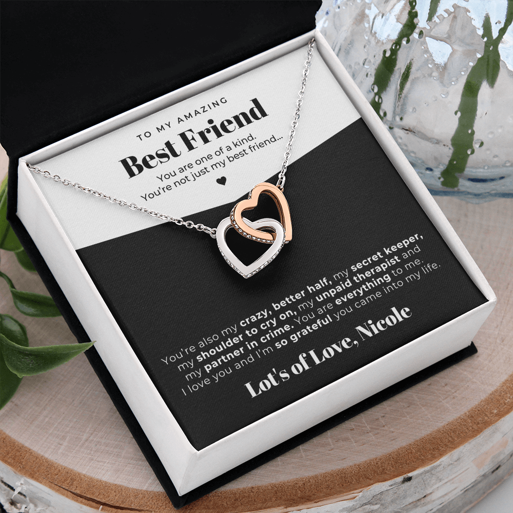 silver and rose gold best friend necklace gift with personalized message card.