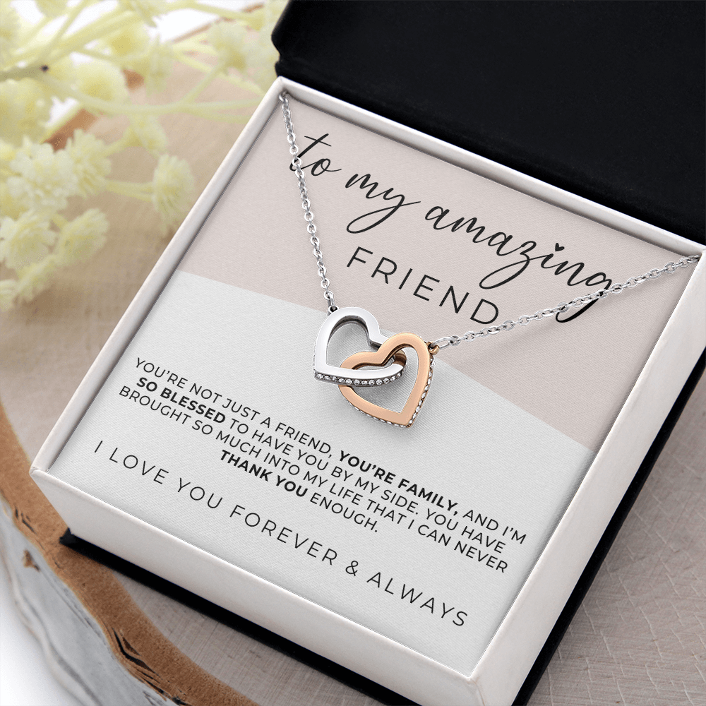 beautiful silver and rose gold interlocking hearts necklace gift for friends, with message card.