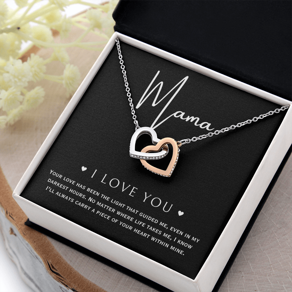 silver and rose gold interlocking hearts mama necklace gift with message card.