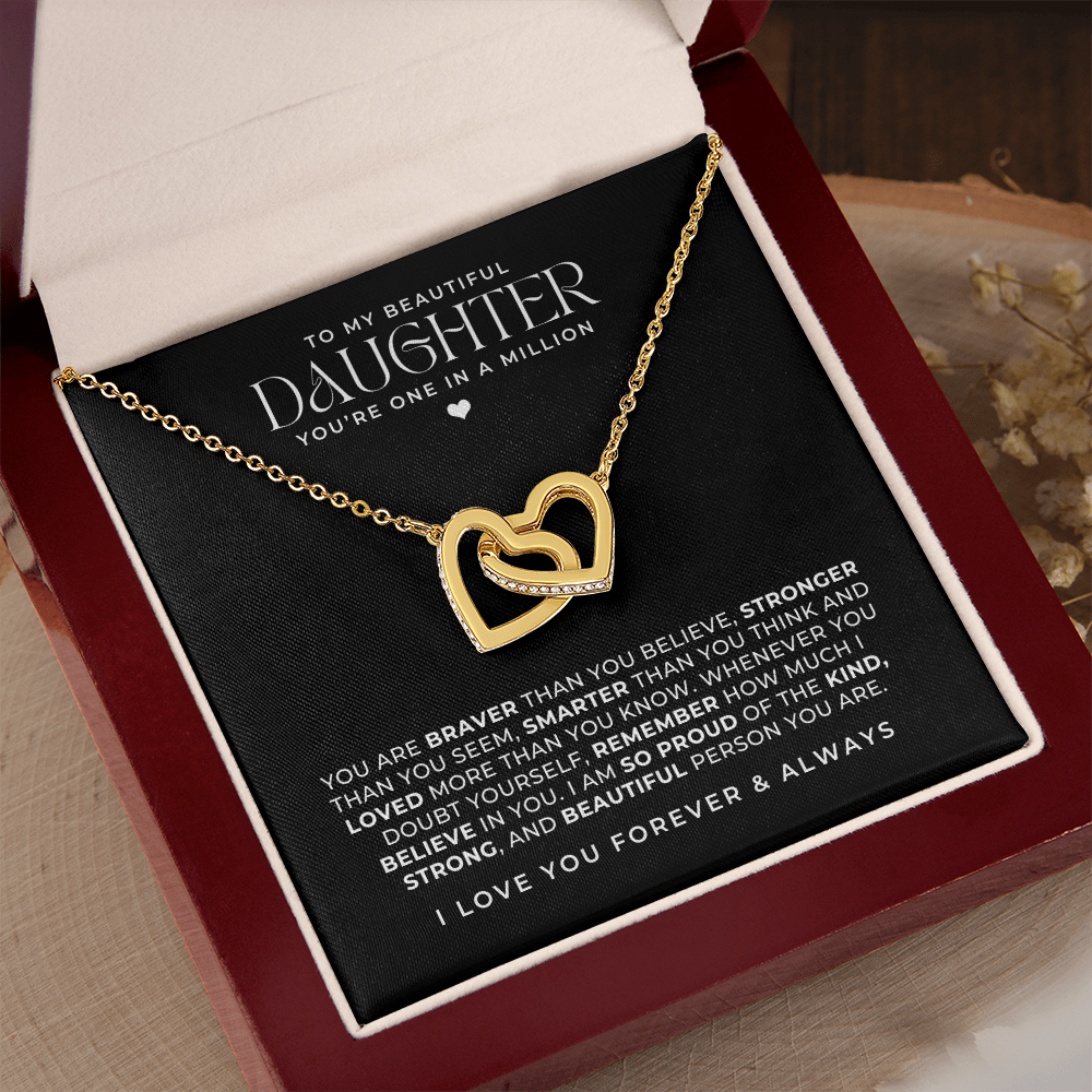 Beautiful gold interlocking hearts necklace in a luxury gift box with a message card that says to my daughter and a loving note intended as a birthday gift for her.