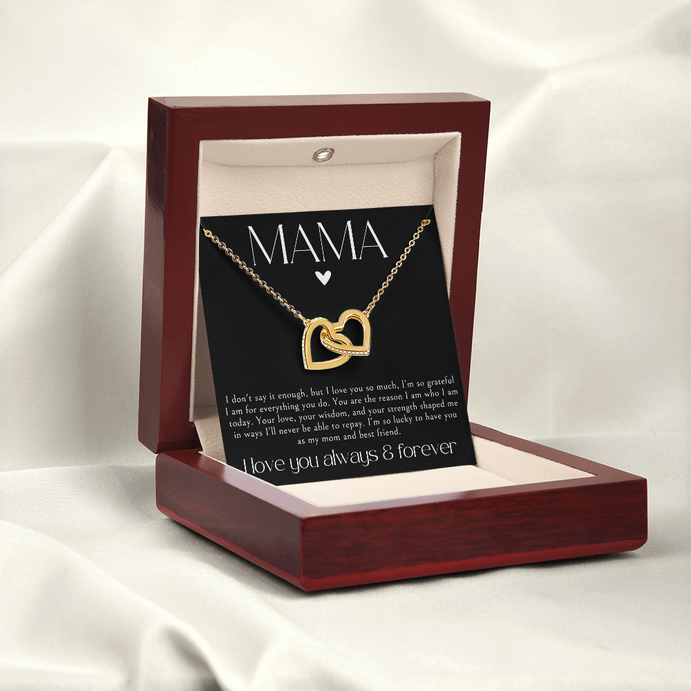 Gold interlocking hearts necklace gift for mom, with a message card to mama.