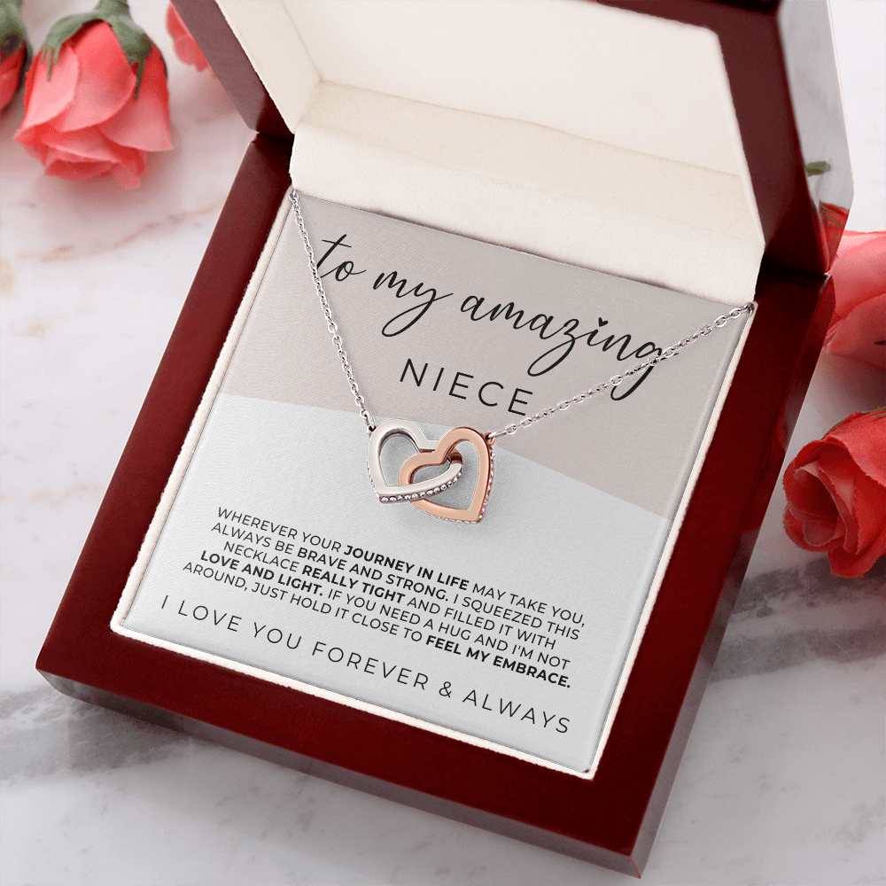 silver and rose gold necklace gift for niece with sweet message card inside the luxury gift box.