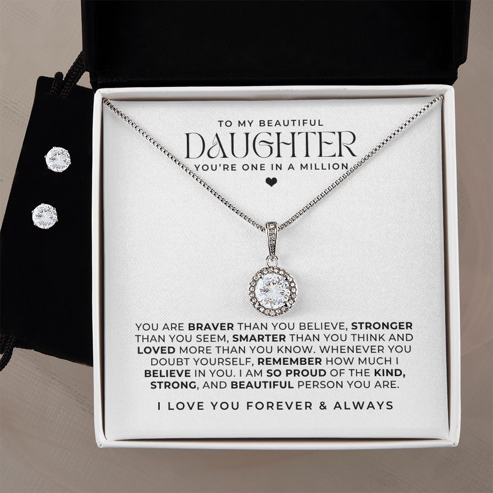 to my daughter necklace an earring gift set, with a loving message card from mom or dad inside the gift box.