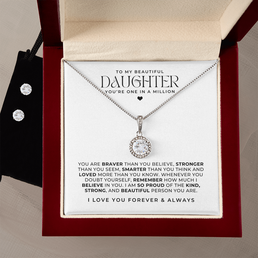 to my daughter necklace an earring gift set, with a loving message card inside the luxury gift box.