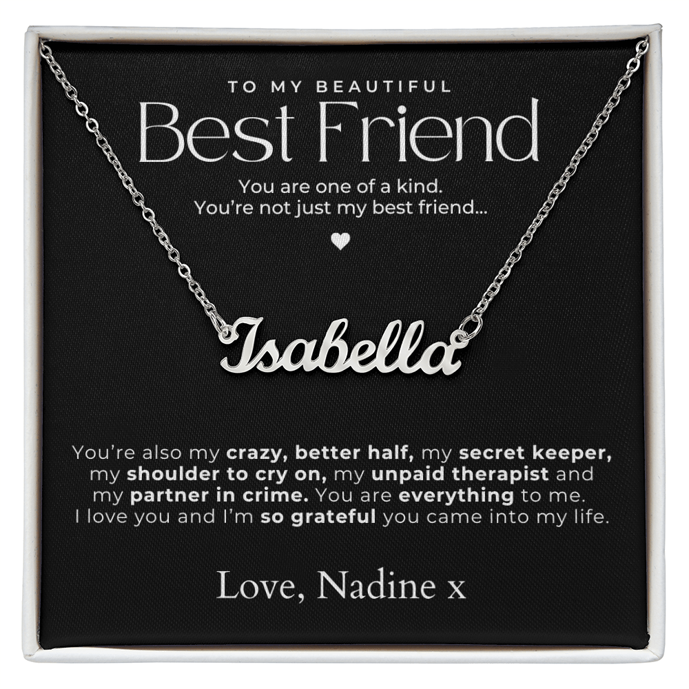 personalized name necklace in silver for best friend, with message card.