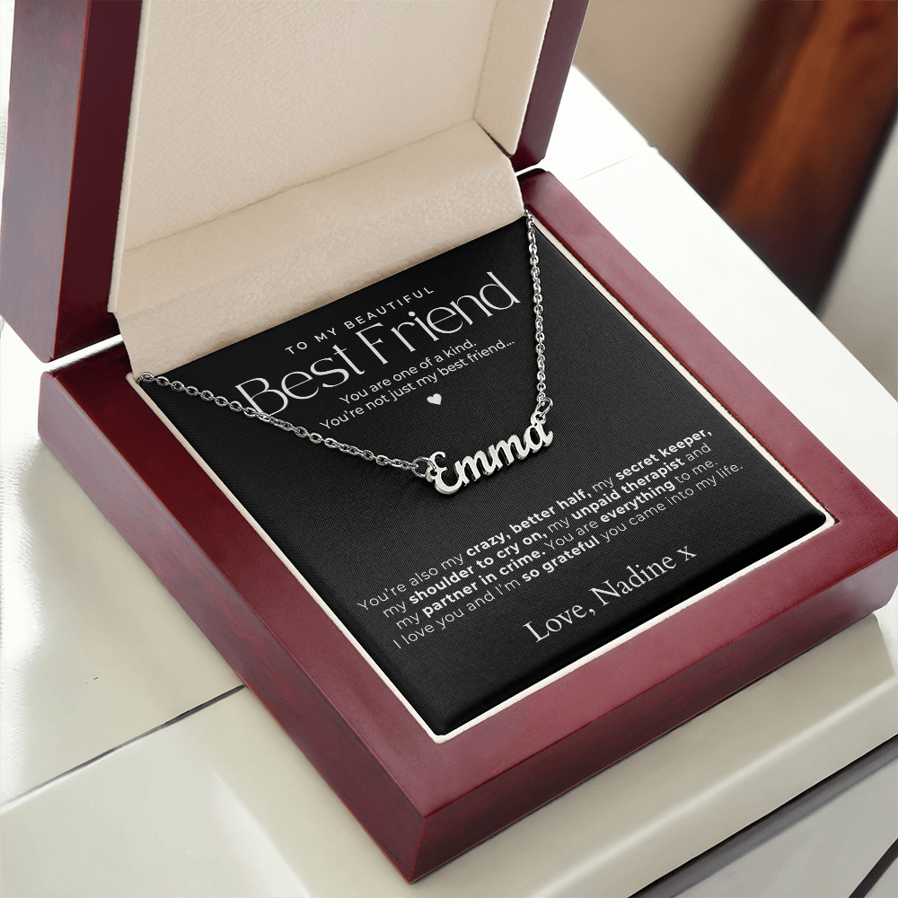 silver name necklace for friends, inside a luxury gift box with a cute message for bff.