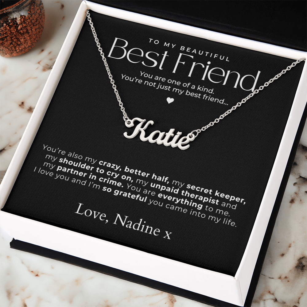 silver name necklace for bestie, a special friendship necklace with cute message.