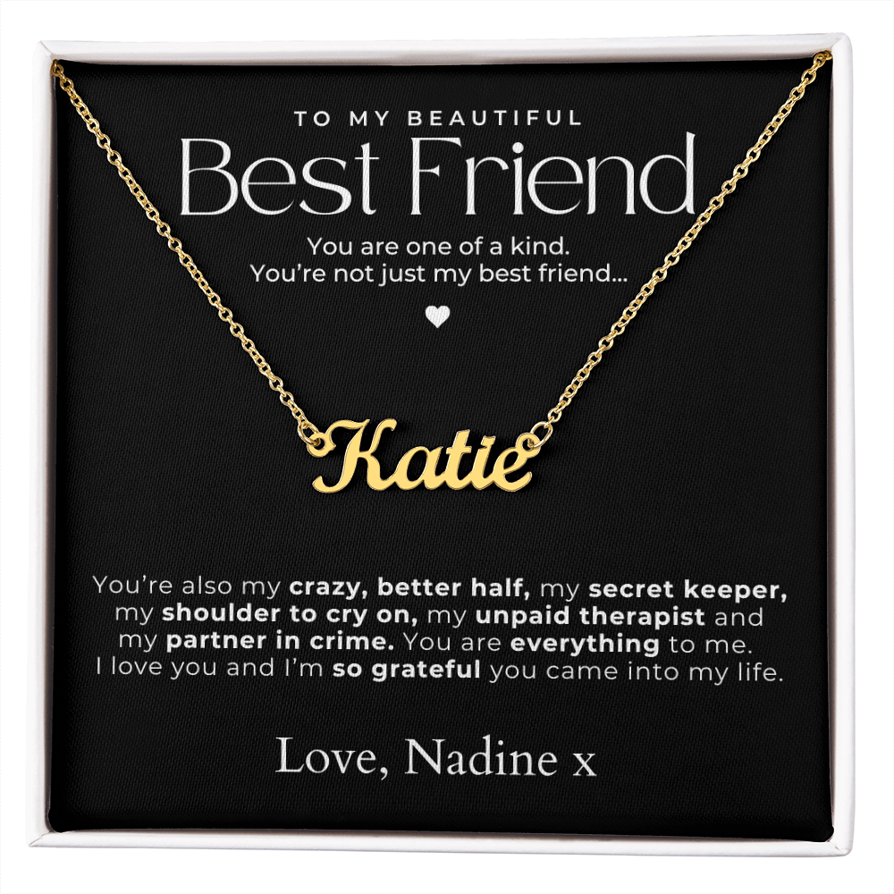 gold personalized friendship necklace gift for her with message card.