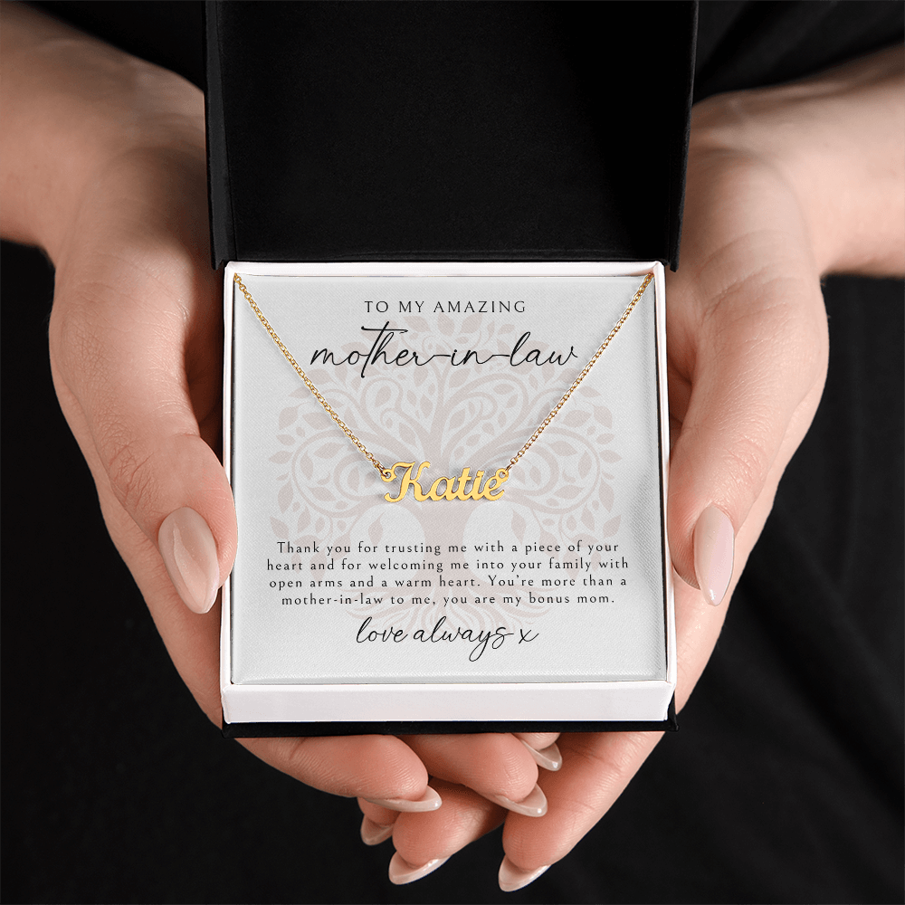 gold personalized name necklace gift for Mother-in-Law in a gift box with sweet message from daughter in law