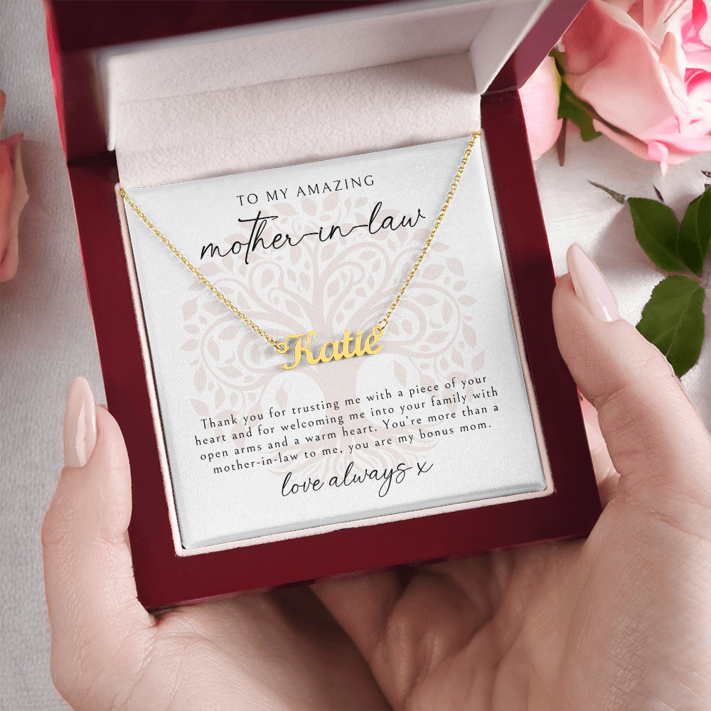 gold personalized name necklace gift for Mother-in-Law in a luxury light up box to say thank you