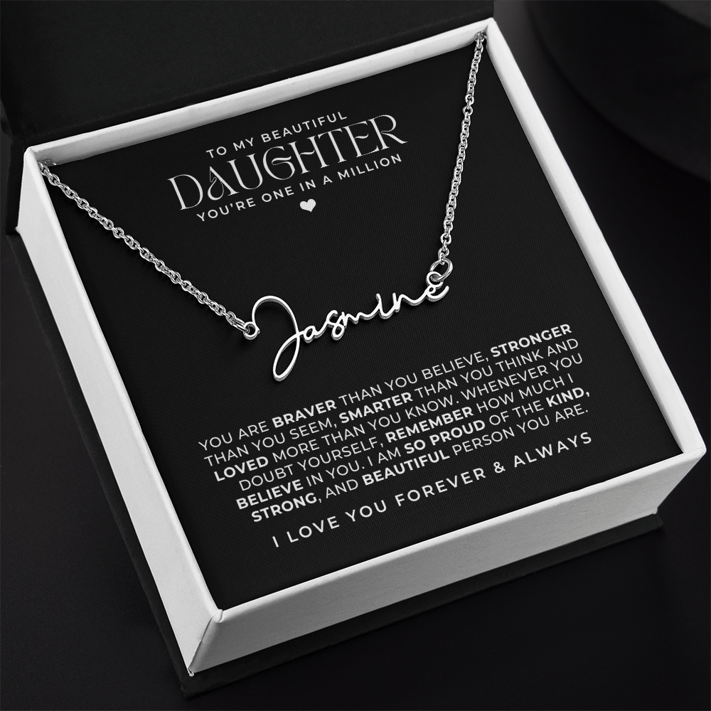 Silver signature name necklace for her, comes with a sweet message from mom or dad for her birthday.