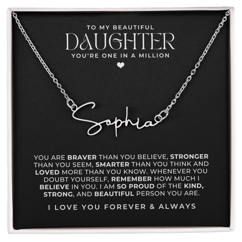 Silver name necklace gift for daughter, signature font style with a sweet message card inside the gift box.