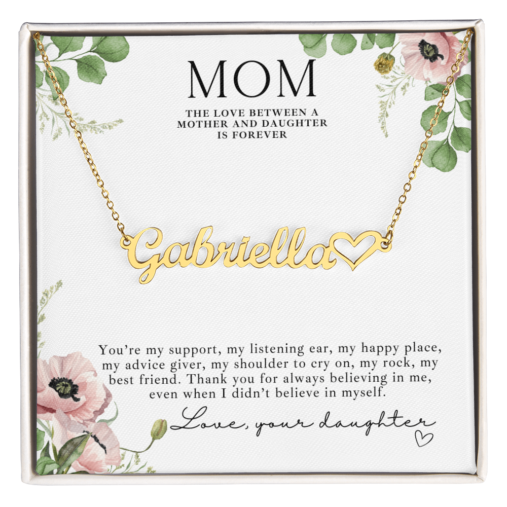 Personalized gold heart name necklace for Mom, a meaningful gift from daughter to mom.