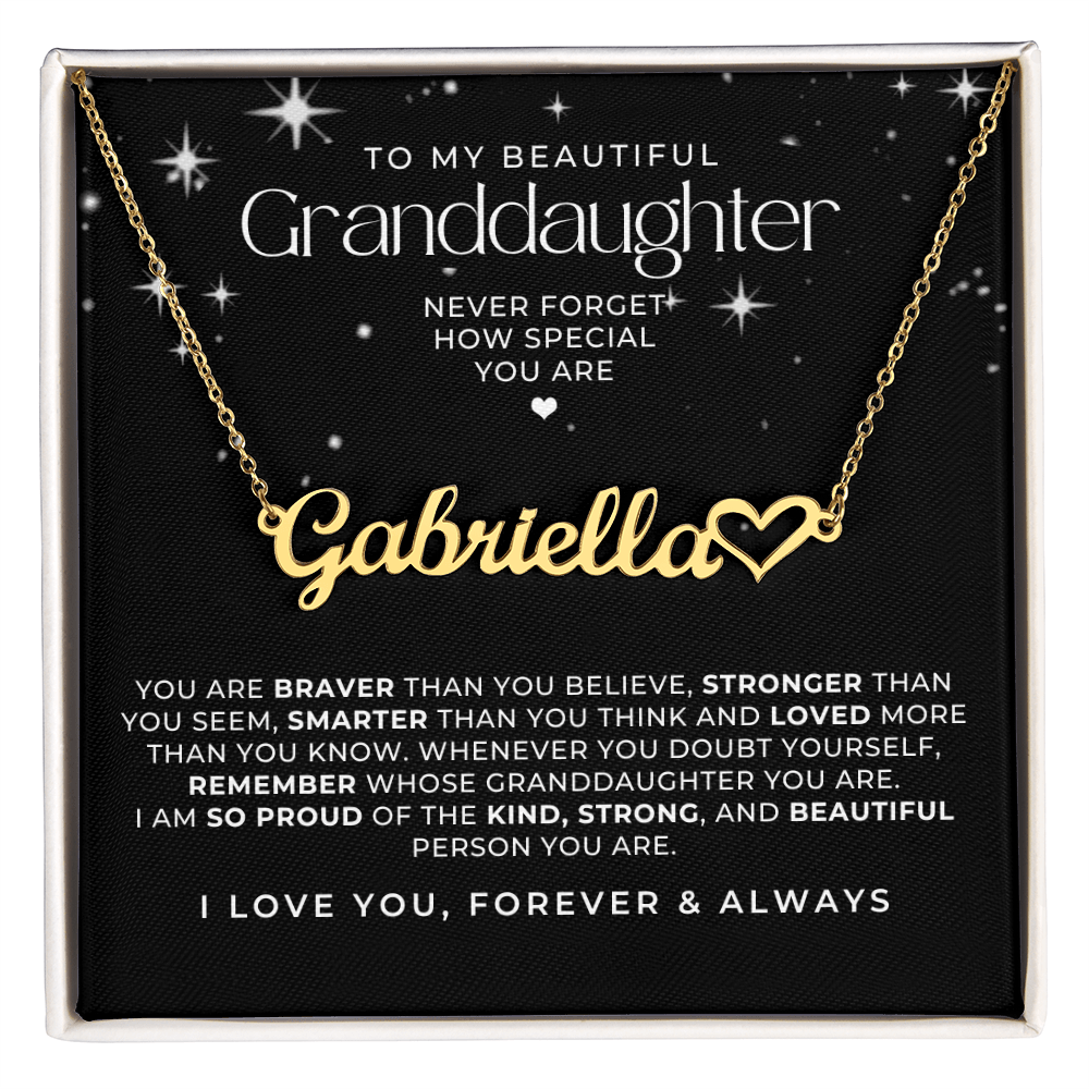 Gold name necklace with heart for granddaughters with sweet message card.