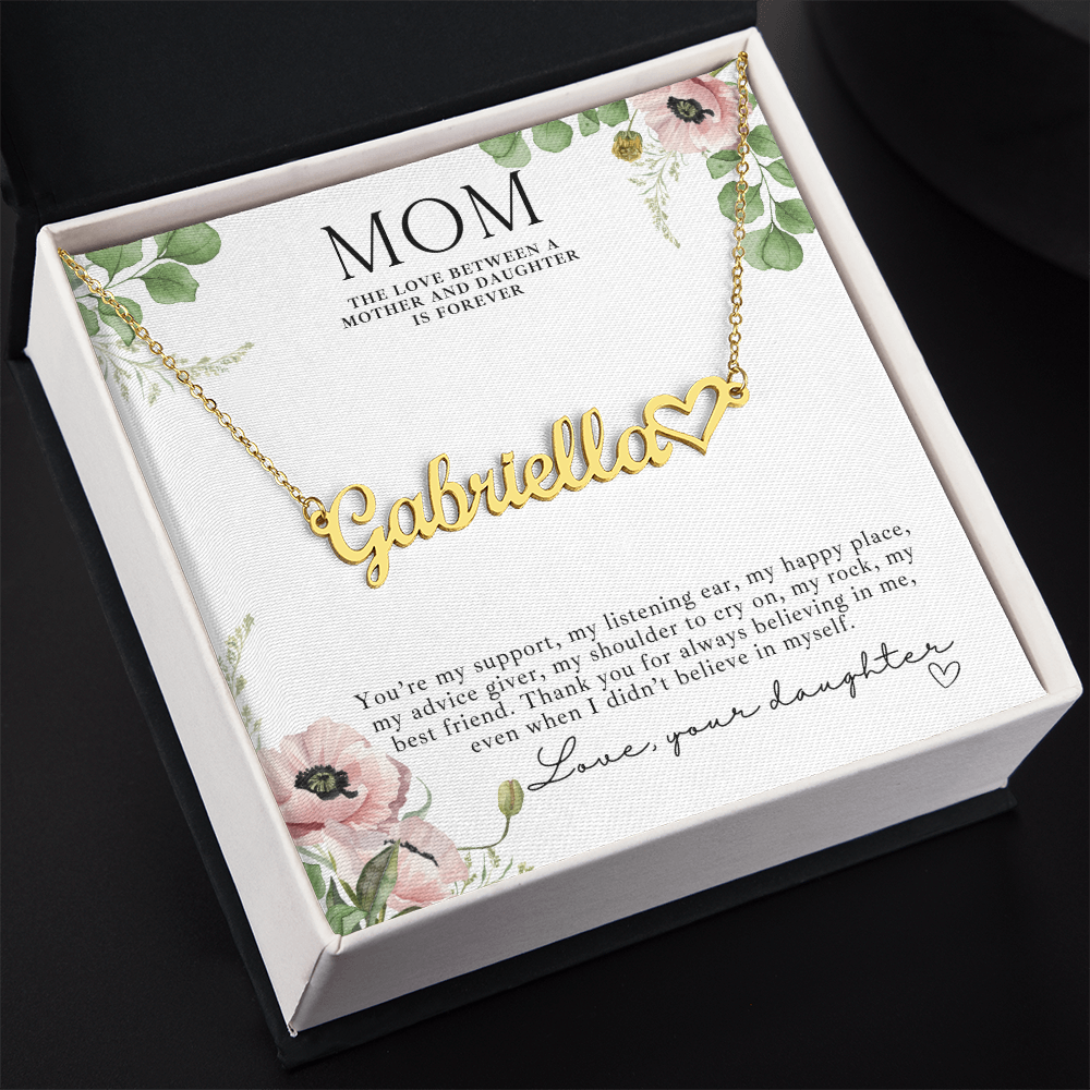 Mother-daughter jewelry set featuring a custom name necklace with heart charm, a loving keepsake gift for Mom.