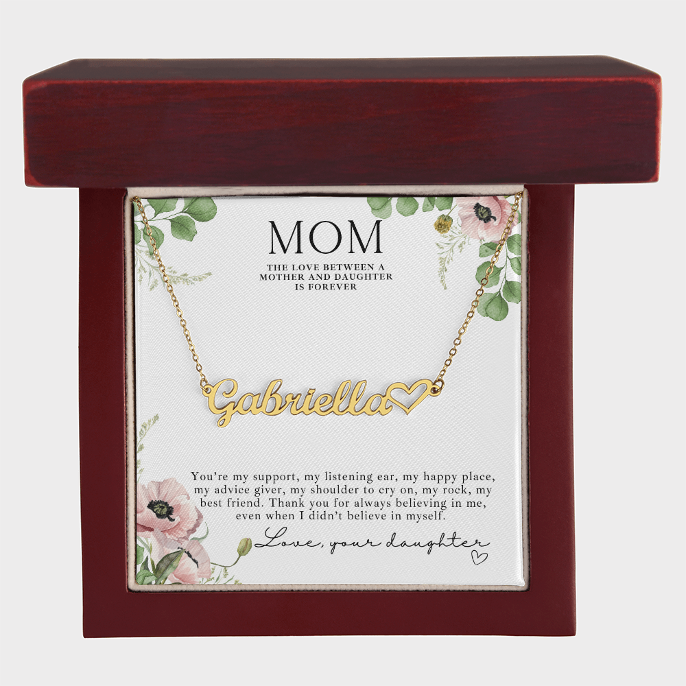 Personalized gold heart name necklace for Mom, a meaningful gift from daughter to mom in a luxury light up box