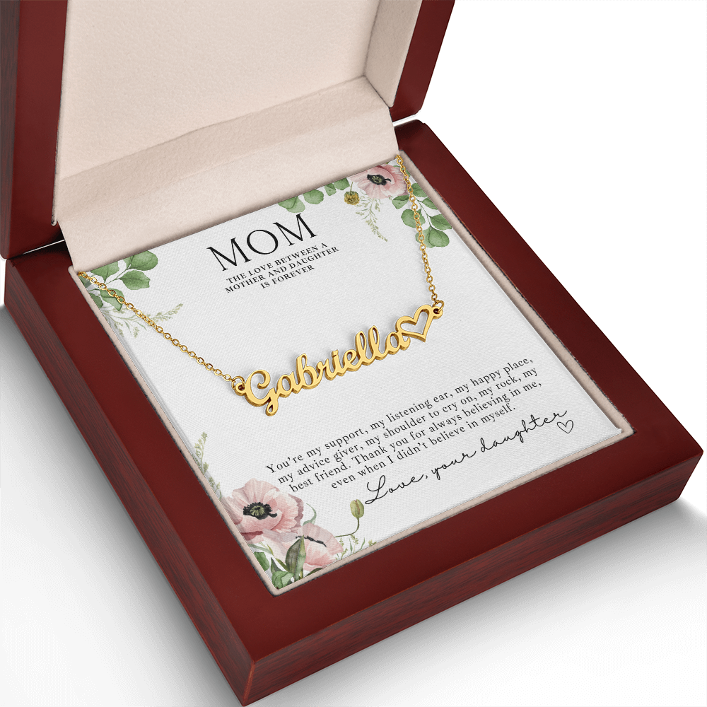 Mother-daughter jewelry set featuring a custom name necklace with heart charm, a loving keepsake for Mom, comes with message card inside a luxury light up gift box.