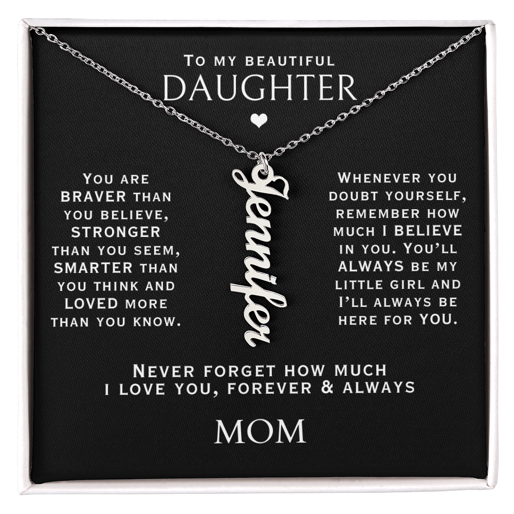 silver vertical name necklace gift set for daughters with a sweet message card inside the gift box.