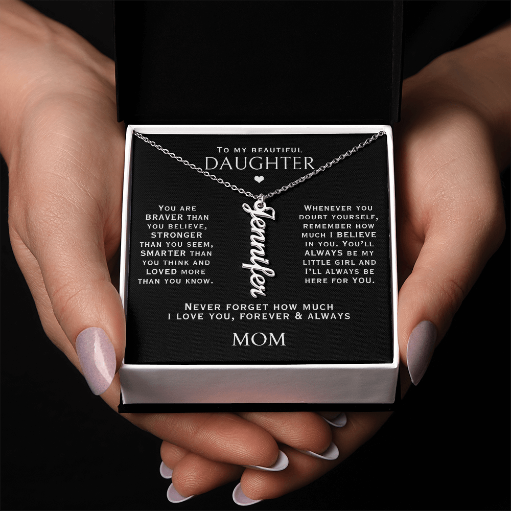 Silver personalize necklace for daughter with a message from mom or dad. Perfect to show your love on her birthday or special occasion.