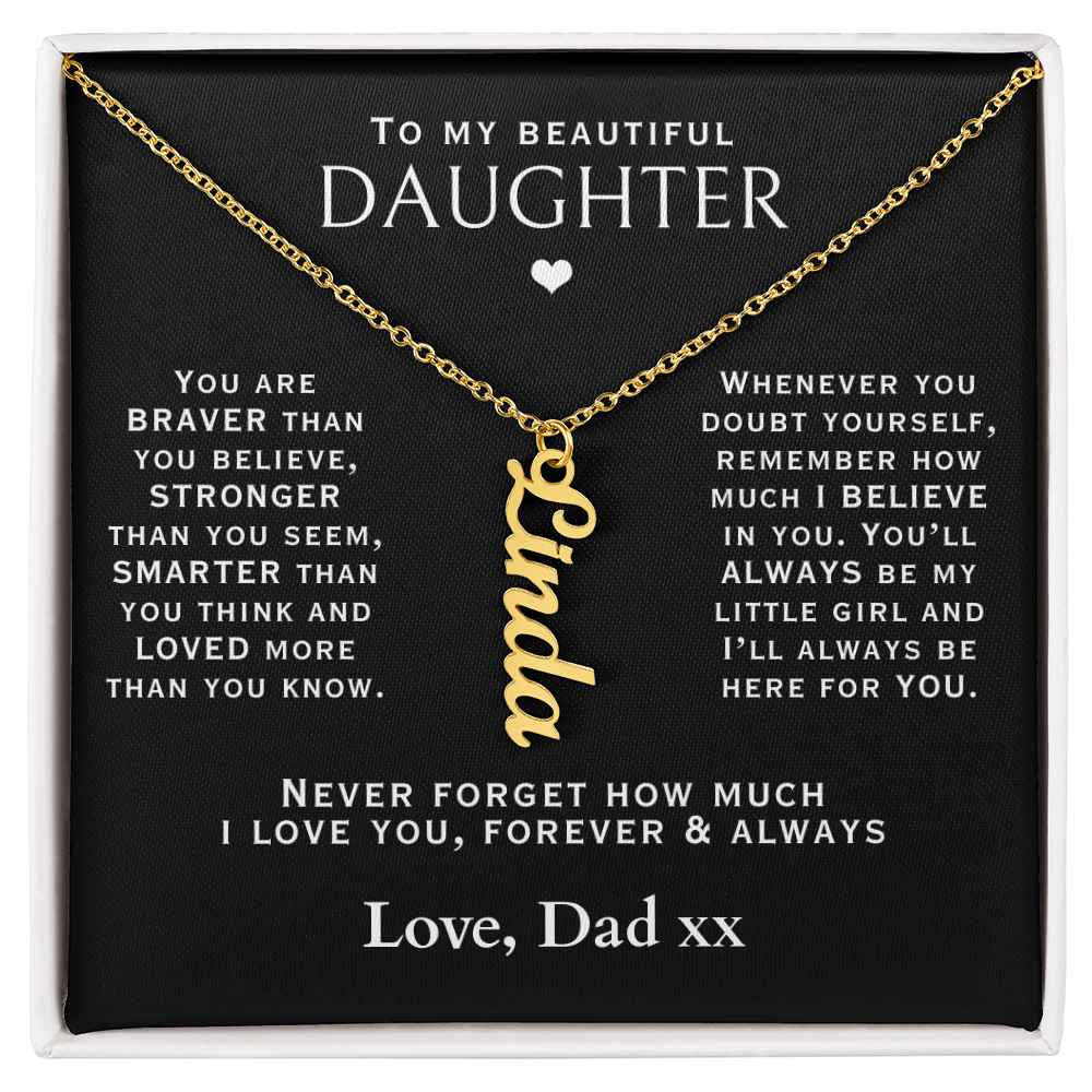 To my daughter necklace gift for her, gold vertical name necklace personalized with a message card from mom or dad.