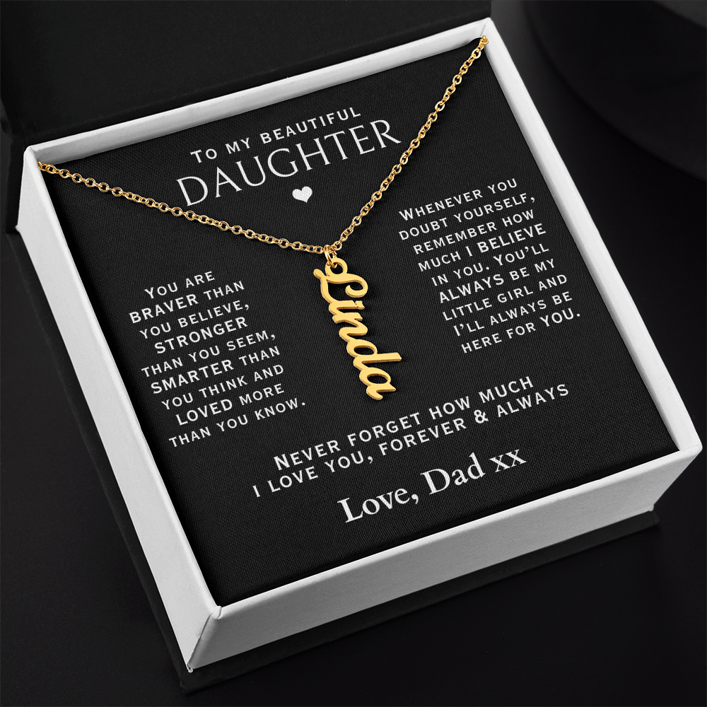 beautiful daughter necklace, message card jewelry for her birthday, 18k gold personalized name.