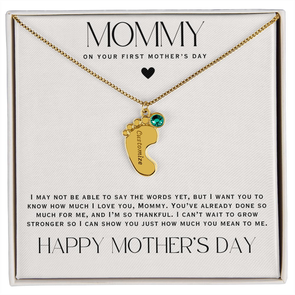 gold personalized birthstone necklace to mommy, with message card for first mothers day gift.