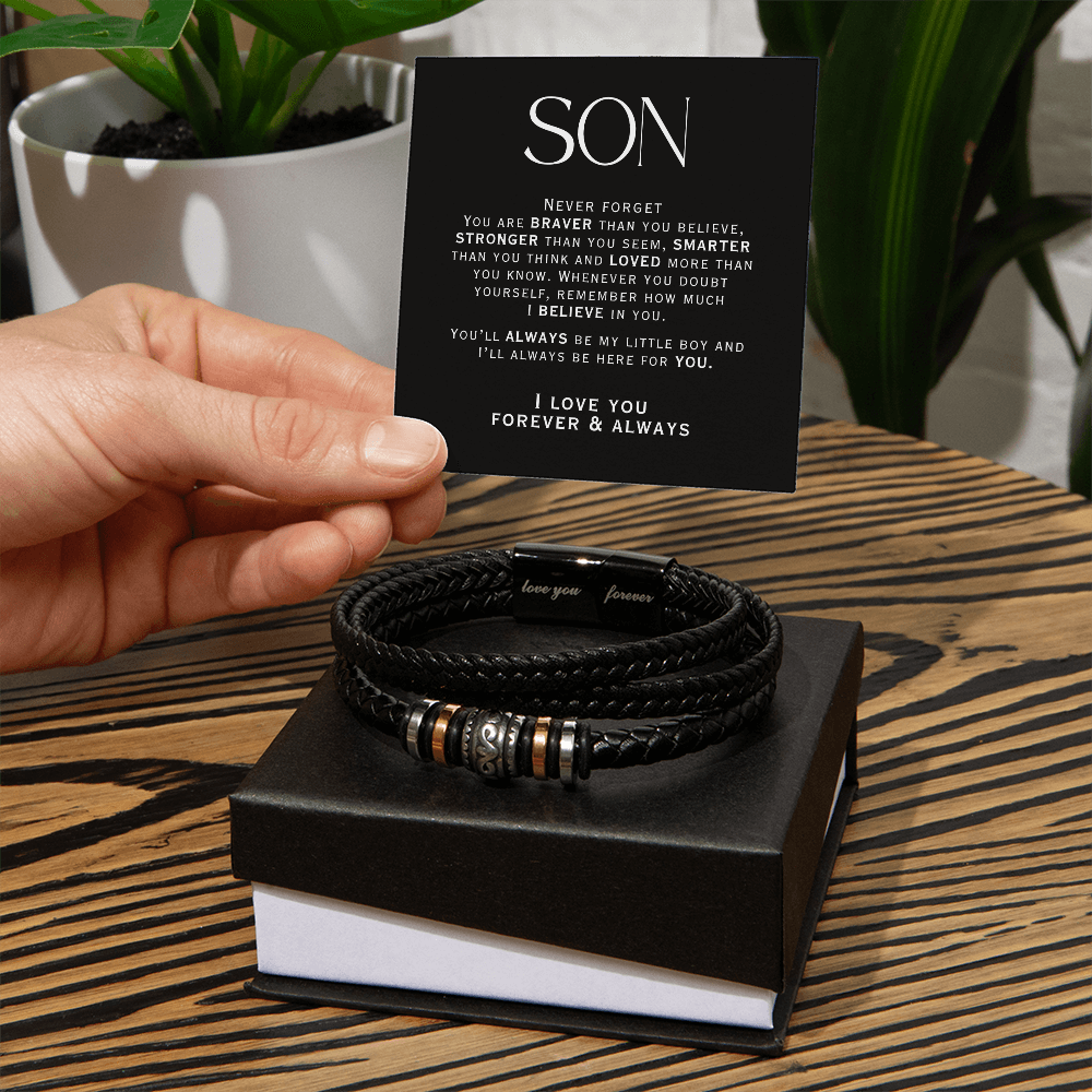 unique meaningful gift for son, black leather bracelet and message card