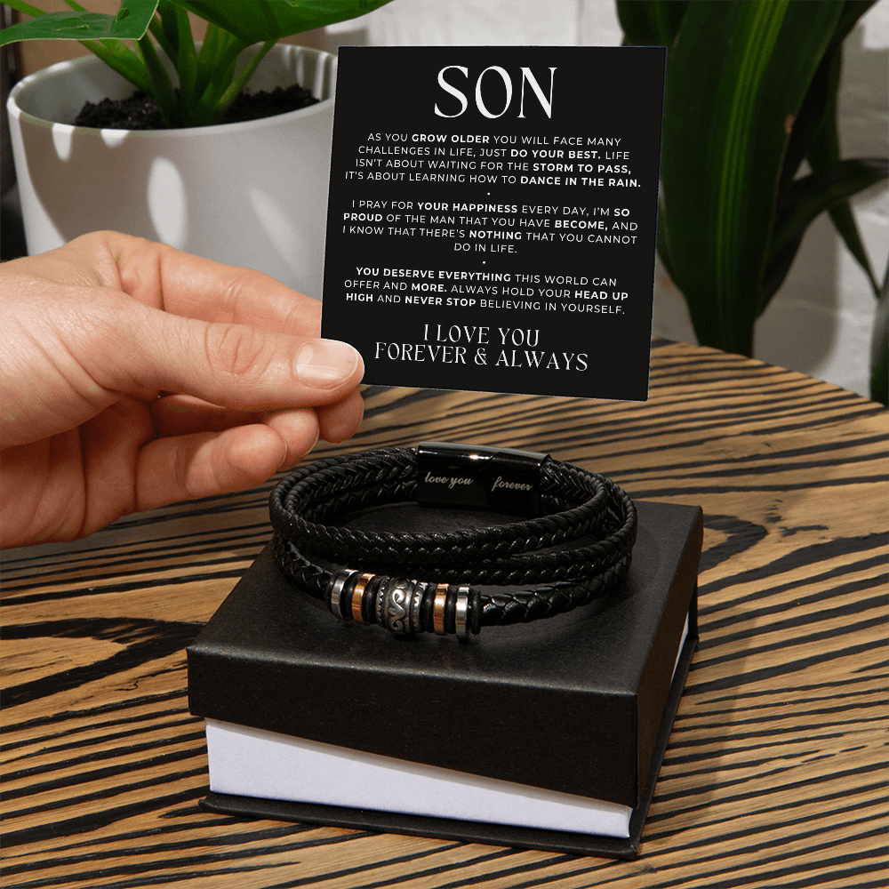 meaningful gift for son, vegan leather bracelet for men with a sweet message card as a keepsake.