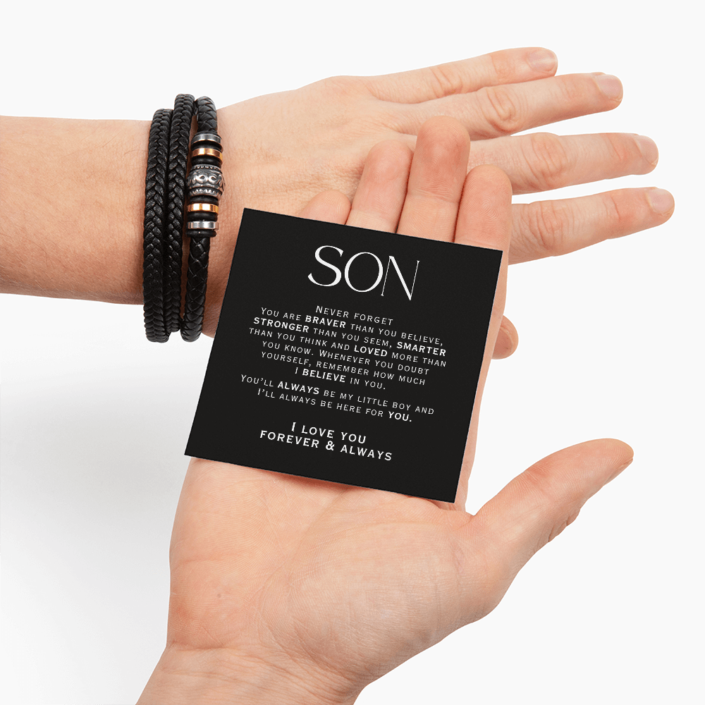 Men's leather bracelet with message card of love for son.