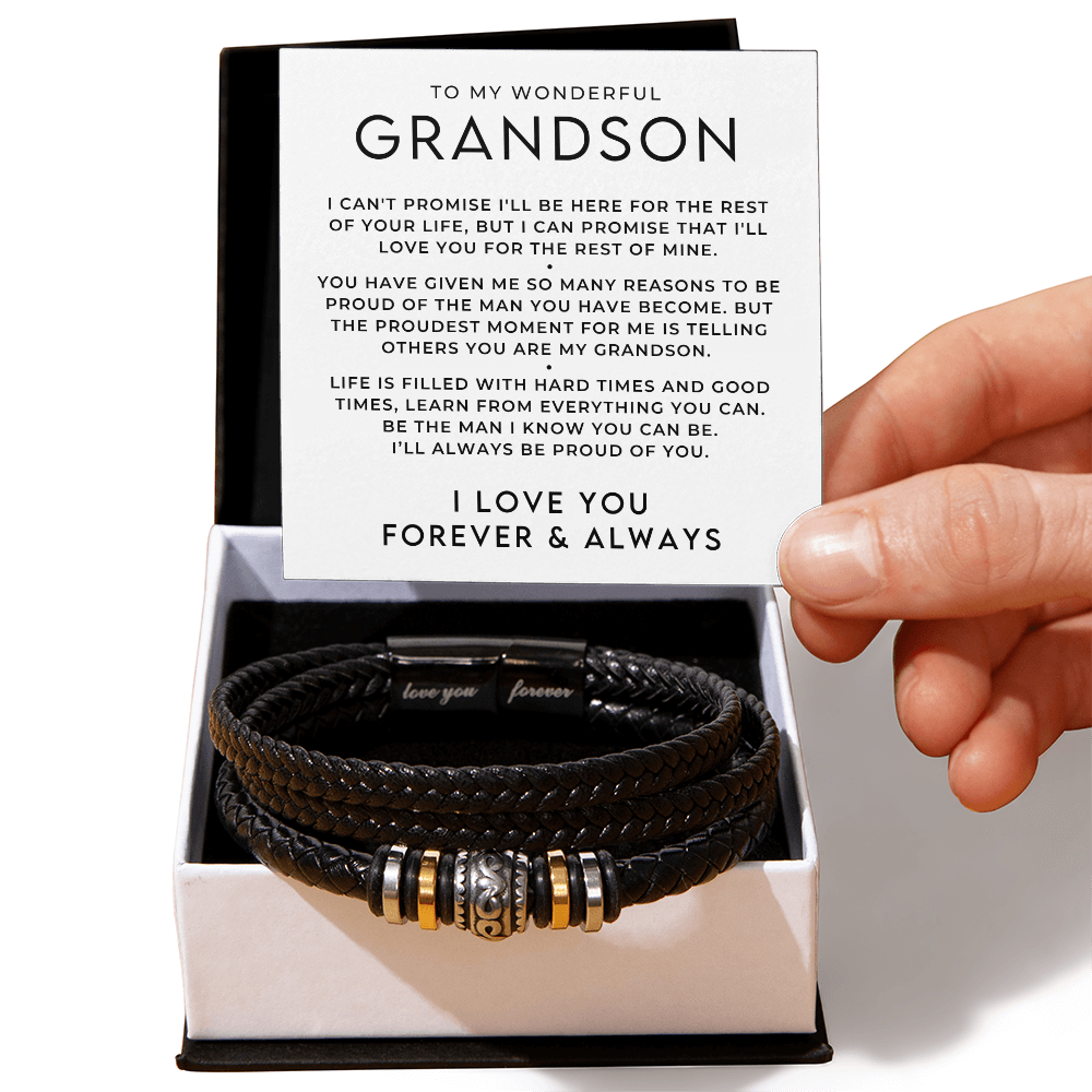 to my wonderful grandson gift set with vegan leather engraved bracelet and message card.