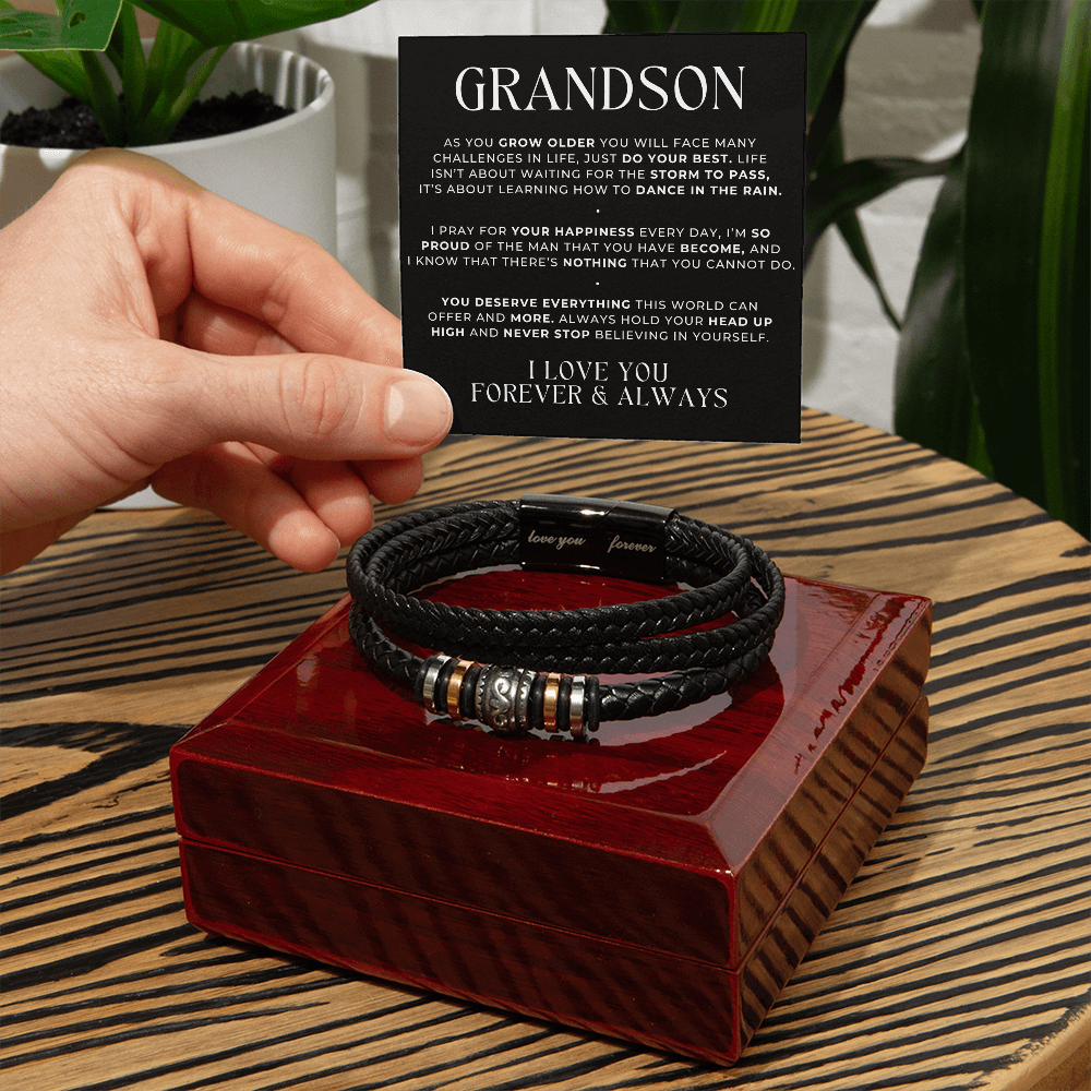 sweet grandson gift with message of faith and prayer, leather bracelet in luxury gift box.