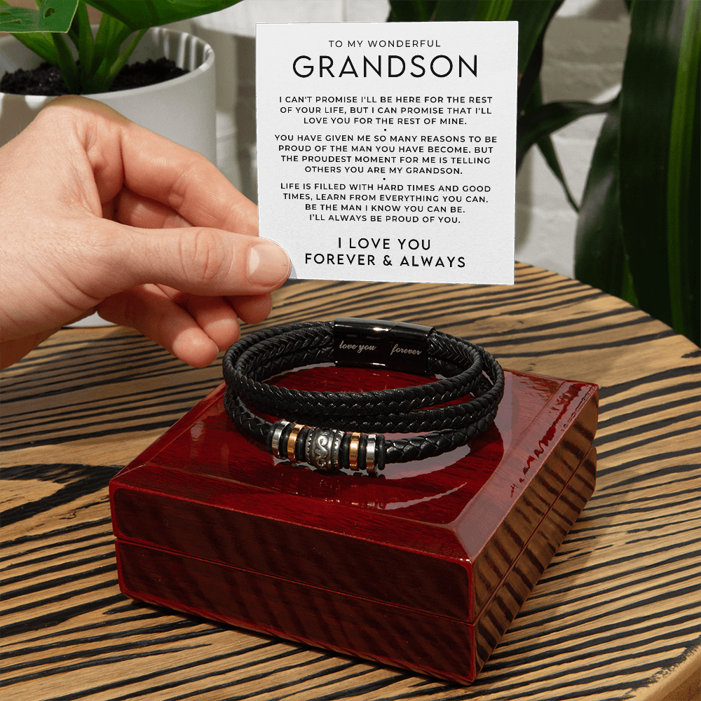 mens leather bracelet gift for grandson, with message card inside gift box.