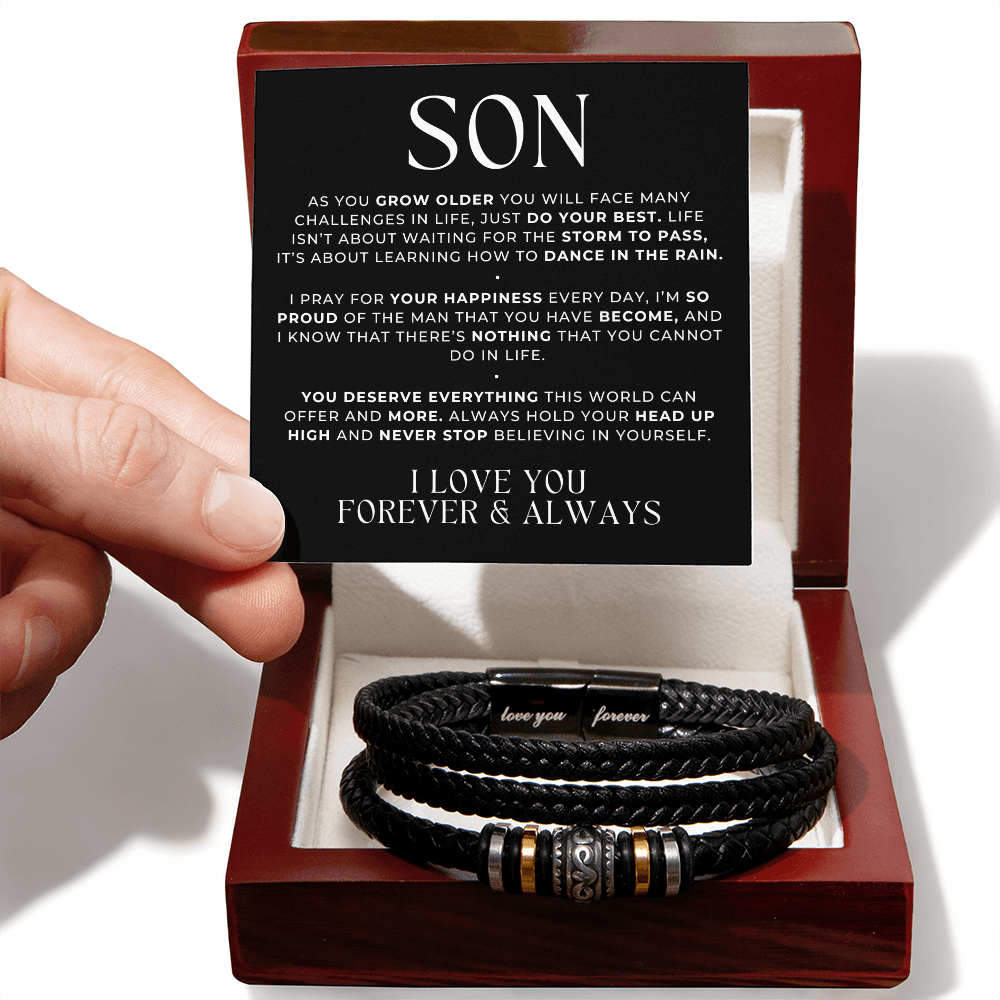 Heartfelt message to son, with leather bracelet in a luxury light up gift box.